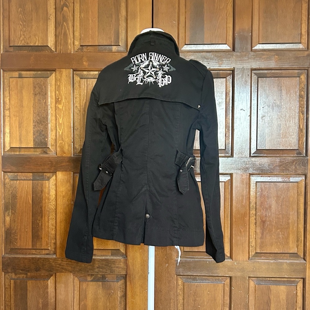 VTG Blac Label Pink Y2K Goth Grunge Jacket Women’s Medium Skull Wings Side Zip - Picture 4 of 13